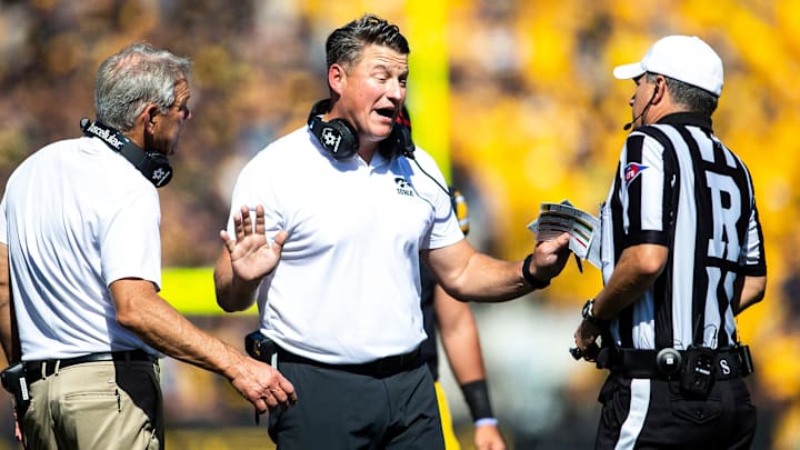 Iowa head coach Kirk Ferentz, left, and Iowa offensive coordinator and quarterbacks coach Brian Ferentz argue a call with referee Mark Kluczynski during a NCAA Big Ten Conference college football game against Michigan, Saturday, Oct. 1, 2022, at Kinnick Stadium in Iowa City, Iowa.

221001 Mich Iowa Fb 037 Jpg