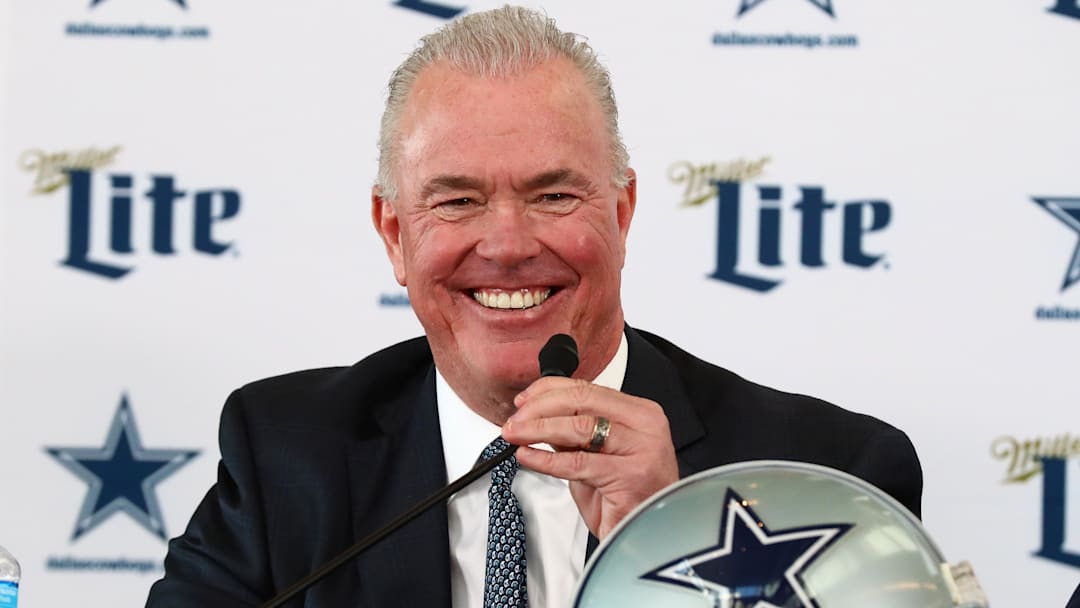 Dallas Cowboys executive vice president Stephen Jones smiles as he answers questions during a press conference.