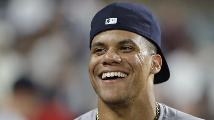 Aug 13, 2024; Chicago, Illinois, USA; New York Yankees outfielder Juan Soto (22) smiles after a game against the Chicago White Sox at Guaranteed Rate Field