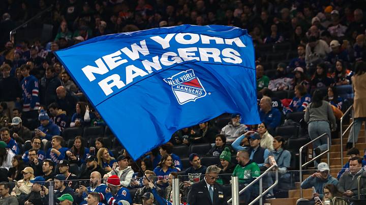 Mar 16, 2025; New York, New York, USA; A New York Rangers flag is seen in the crown during the first period against the Edmonton Oilers at Madison Square Garden. Mandatory Credit: Danny Wild-Imagn Images Mar 16, 2025; New York, New York, USA; A New York Rangers flag is seen in the crown during the first period against the Edmonton Oilers at Madison Square Garden. Mandatory Credit: Danny Wild-Imagn Images