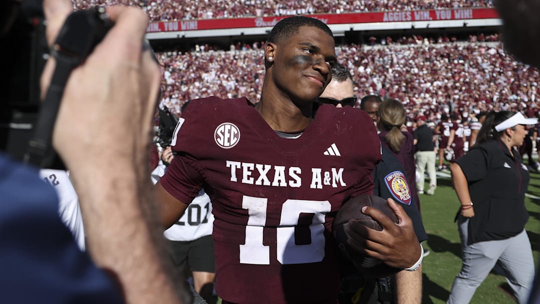 Nov 15, 2025; College Station, Texas, USA; Texas A&M Aggies quarterback Marcel Reed (10) walks on the field after the game against the South Carolina Gamecocks at Kyle Field. Mandatory Credit: Troy Taormina-Imagn Images