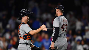 Aug 21, 2024; Chicago, Illinois, USA; Detroit Tigers catcher Jake Rogers (left) and relief pitcher Joey Wentz (43) celebrate after defeating the Chicago Cubs at Wrigley Field. Mandatory Credit: Patrick Gorski-Imagn Images