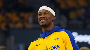 May 10, 2025; San Francisco, California, USA; Golden State Warriors forward Jimmy Butler III (10) warms up before game three of the second round for the 2025 NBA Playoffs against the Minnesota Timberwolves at Chase Center. Mandatory Credit: David Gonzales-Imagn Images