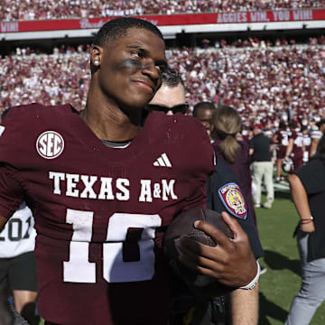 Nov 15, 2025; College Station, Texas, USA; Texas A&M Aggies quarterback Marcel Reed (10) walks on the field after the game against the South Carolina Gamecocks at Kyle Field. Mandatory Credit: Troy Taormina-Imagn Images