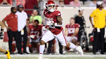 Aug 29, 2024; Little Rock, Arkansas, USA; Arkansas Razorbacks wide receiver Monte Harrison (82) runs a route in the fourth quarter against the Pine Bluff Golden Lions at War Memorial Stadium. Arkansas won 70-0. Mandatory Credit: Nelson Chenault-Imagn Images