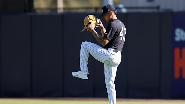 Feb 15, 2025; Tampa, FL, USA; New York Yankees relief pitcher Jonathan Loaisiga (43) participates in spring training workouts at George M. Steinbrenner Field. Mandatory Credit: Nathan Ray Seebeck-Imagn Images