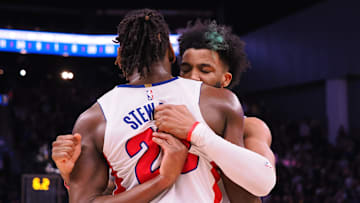 Jan 4, 2023; San Francisco, California, USA; Detroit Pistons small forward Saddiq Bey (41) hugs