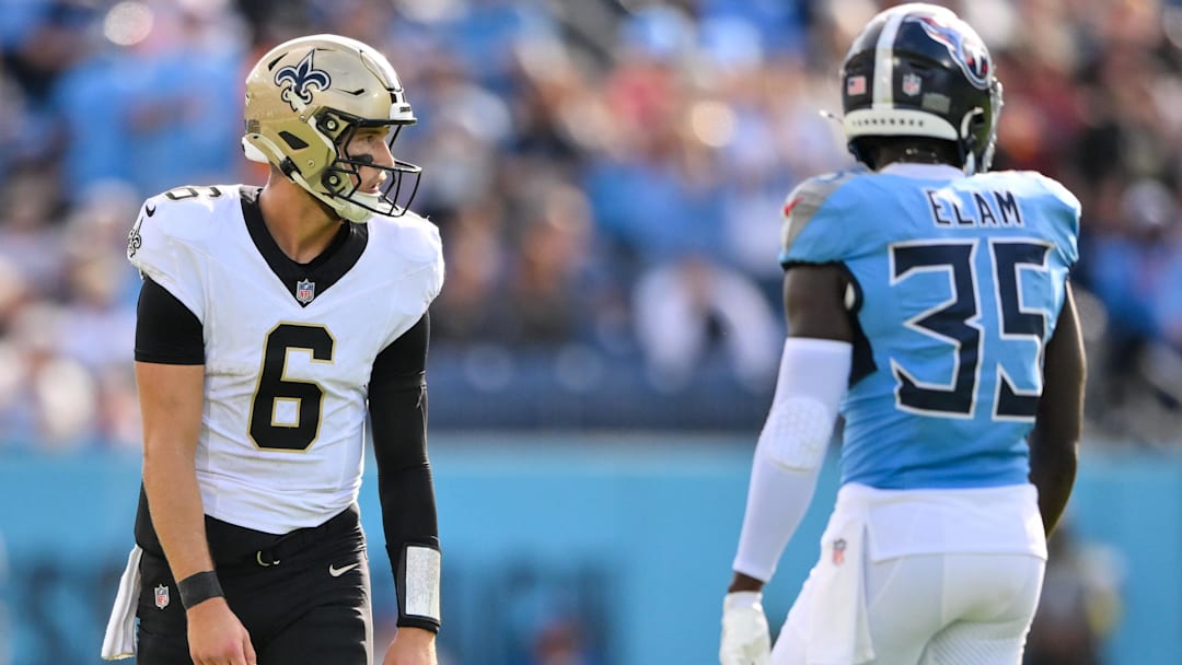 Dec 28, 2025; Nashville, Tennessee, USA; New Orleans Saints quarterback Tyler Shough (6) stands as a wide receiver against the Tennessee Titans during the first half at Nissan Stadium. Mandatory Credit: Steve Roberts-Imagn Images