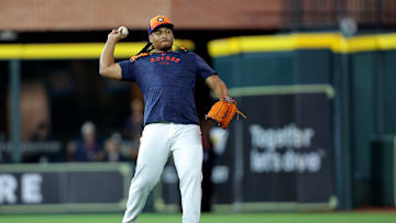 Jul 28, 2024; Houston, Texas, USA; Houston Astros starting pitcher Luis Garcia (77) works out prior to the game against the Los Angeles Dodgers at Minute Maid Park. Mandatory Credit: Erik Williams-Imagn Images