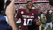 Nov 15, 2025; College Station, Texas, USA; Texas A&M Aggies quarterback Marcel Reed (10) walks on the field after the game against the South Carolina Gamecocks at Kyle Field. Mandatory Credit: Troy Taormina-Imagn Images