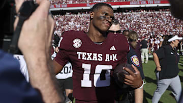 Nov 15, 2025; College Station, Texas, USA; Texas A&M Aggies quarterback Marcel Reed (10) walks on the field after the game against the South Carolina Gamecocks at Kyle Field. Mandatory Credit: Troy Taormina-Imagn Images