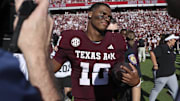 Nov 15, 2025; College Station, Texas, USA; Texas A&M Aggies quarterback Marcel Reed (10) walks on the field after the game against the South Carolina Gamecocks at Kyle Field. Mandatory Credit: Troy Taormina-Imagn Images