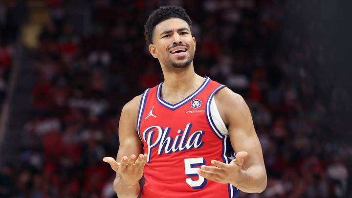 Mar 17, 2025; Houston, Texas, USA; Philadelphia 76ers guard Quentin Grimes (5) reacts after a play during the third quarter against the Houston Rockets at Toyota Center. Mandatory Credit: Troy Taormina-Imagn Images