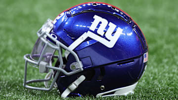 Dec 17, 2023; New Orleans, Louisiana, USA; A detailed view of a New York Giants helmet before the game against the New Orleans Saints at Caesars Superdome. Mandatory Credit: Stephen Lew-Imagn Images