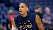 Jan 29, 2025; New Orleans, Louisiana, USA; New Orleans Pelicans guard Dejounte Murray warms up before a game against the Dallas Mavericks at Smoothie King Center. Mandatory Credit: Matthew Hinton-Imagn Images