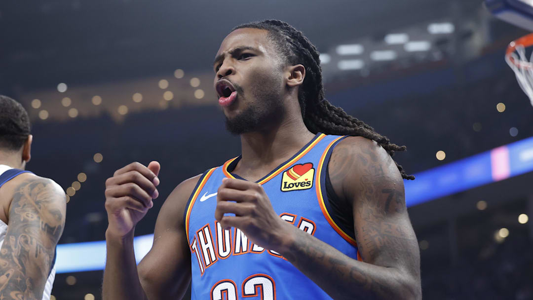 Jan 23, 2025; Oklahoma City, Oklahoma, USA; Oklahoma City Thunder guard Cason Wallace (22) reacts to an officials call after a play against the Dallas Mavericks during the first quarter at Paycom Center. Mandatory Credit: Alonzo Adams-Imagn Images