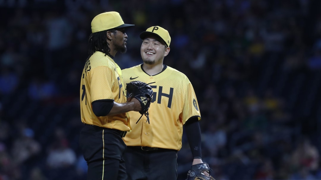 Jul 28, 2023; Pittsburgh, Pennsylvania, USA;  Pittsburgh Pirates relief pitcher Jose Hernandez (left) and first baseman Ji Man Choi (91) react against the Philadelphia Phillies during the seventh inning at PNC Park. The Phillies won 2-1. Mandatory Credit: Charles LeClaire-USA TODAY Sports