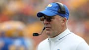 Nov 16, 2024; Pittsburgh, Pennsylvania, USA; Pittsburgh Panthers head coach Pat Narduzzi looks on from the sidelines against the Clemson Tigers during the first quarter at Acrisure Stadium. Mandatory Credit: Charles LeClaire-Imagn Images