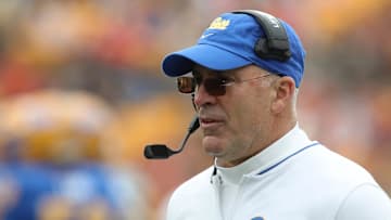 Nov 16, 2024; Pittsburgh, Pennsylvania, USA; Pittsburgh Panthers head coach Pat Narduzzi looks on from the sidelines against the Clemson Tigers during the first quarter at Acrisure Stadium. Mandatory Credit: Charles LeClaire-Imagn Images