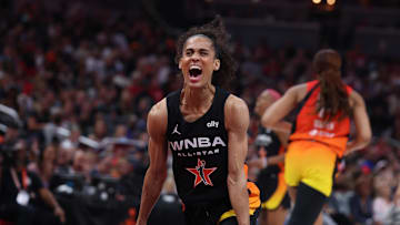 Jul 19, 2025; Indianapolis, IN, USA; Team Collier guard Skylar Diggins (4) reacts in the fourth quarter against Team Clark in the 2025 WNBA All Star Game at Gainbridge Fieldhouse. Mandatory Credit: Trevor Ruszkowski-Imagn Images