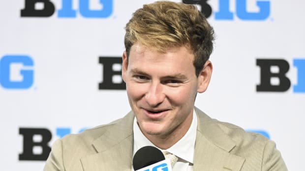 USC Trojans quarterback Miller Moss speaks to the media during the Big 10 football media day at Lucas Oil Stadium.