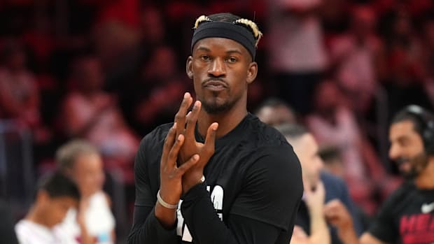 Jan 19, 2025; Miami, Florida, USA;  Miami Heat forward Jimmy Butler warms up before the game against the San Antonio Spurs.