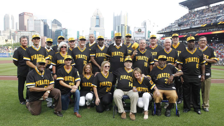 Jul 20, 2019; Pittsburgh, PA, USA;  Pittsburgh Pirates players and widows and front office personnel