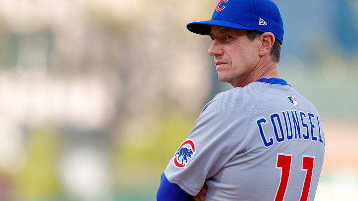 Mar 31, 2025; West Sacramento, California, USA; Chicago Cubs manager Craig Counsell (11) before the game against the Athletics at Sutter Health Park. Mar 31, 2025; West Sacramento, California, USA; Chicago Cubs manager Craig Counsell (11) before the game against the Athletics at Sutter Health Park.