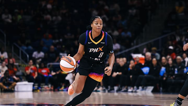 Jul 27, 2025; Washington, District of Columbia, USA; Phoenix Mercury guard Monique Akoa Makani (8) dribbles the ball up the court in the third quarter against the Washington Mystics at CareFirst Arena. Mandatory Credit: Emily Faith Morgan-Imagn Images