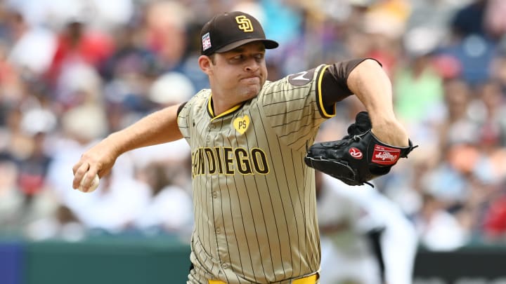 Jul 21, 2024; Cleveland, Ohio, USA; San Diego Padres starting pitcher Michael King (34) throws a pitch during the first inning against the Cleveland Guardians at Progressive Field. Mandatory Credit: Ken Blaze-USA TODAY Sports