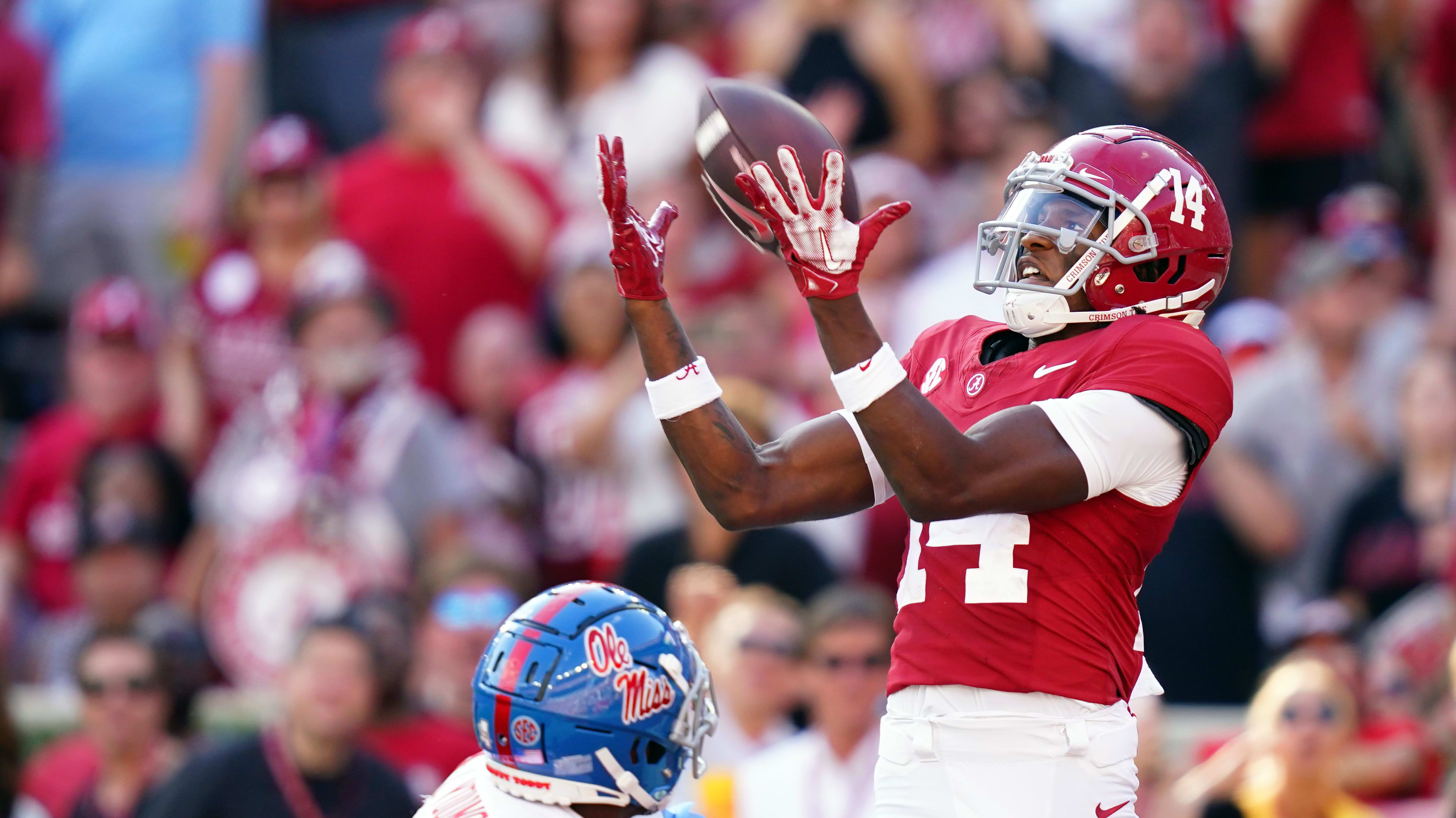 Sep 23, 2023; Tuscaloosa, Alabama, USA; Alabama Crimson Tide wide receiver Jalen Hale (14) hauls in