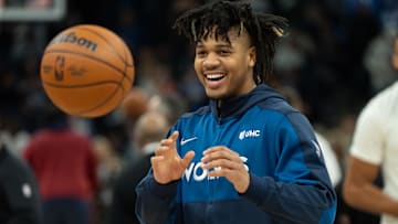 Nov 1, 2024; Minneapolis, Minnesota, USA; Minnesota Timberwolves guard Terrence Shannon Jr. (00) warms up for the game against the Denver Nuggets at Target Center. Mandatory Credit: Matt Blewett-Imagn Images