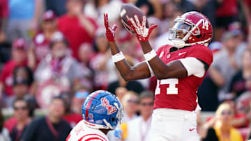 Sep 23, 2023; Tuscaloosa, Alabama, USA; Alabama Crimson Tide wide receiver Jalen Hale (14) hauls in