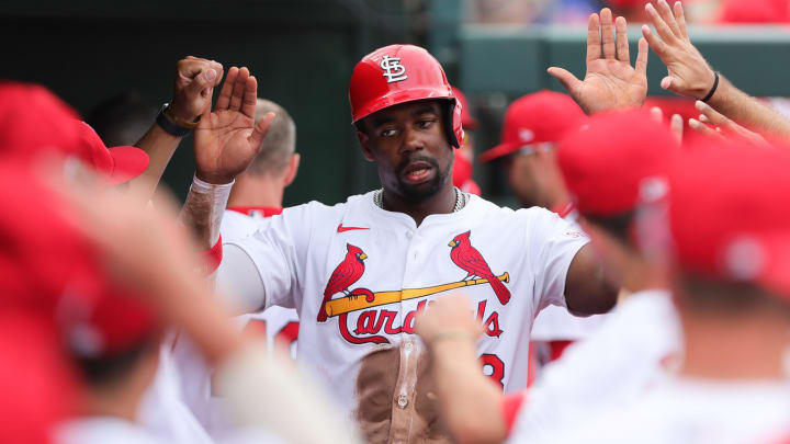 Mar 1, 2024; Jupiter, Florida, USA; St. Louis Cardinals right fielder Jordan Walker (18) celebrates after scoring against the New York Mets during the fourth inning at Roger Dean Chevrolet Stadium. Mandatory Credit: Sam Navarro-USA TODAY Sports