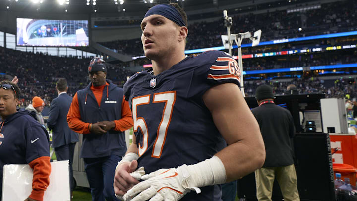 Chicago Bears linebacker Jack Sanborn after an NFL International Series game at Tottenham Hotspur Stadium. Chicago Bears linebacker Jack Sanborn after an NFL International Series game at Tottenham Hotspur Stadium.