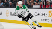 Feb 8, 2025; San Jose, California, USA; Dallas Stars defenseman Thomas Harley (55) skates with the puck against the San Jose Sharks during the first period at SAP Center at San Jose. Mandatory Credit: Robert Edwards-Imagn Images