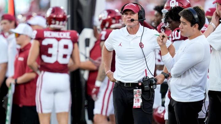 Oklahoma head coach Brent Venables stands on the sidelines in the first half of an NCAA football game between Oklahoma (OU) and Temple at the Gaylord Family Oklahoma Memorial Stadium in Norman, Okla., on Friday, Aug. 30, 2024.