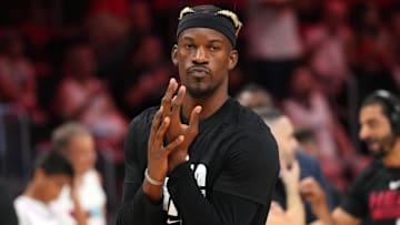 Miami Heat forward Jimmy Butler (22) warms up before the game against the San Antonio Spurs at Kaseya Center.