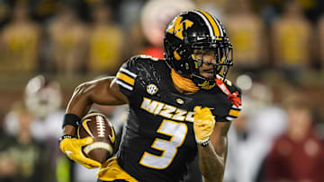 Nov 9, 2024; Columbia, Missouri, USA; Missouri Tigers wide receiver Luther Burden III (3) runs with the ball during the first half against the Oklahoma Sooners at Faurot Field at Memorial Stadium. Mandatory Credit: Jay Biggerstaff-Imagn Images