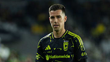 Feb 22, 2025; Columbus, Ohio, USA; Columbus Crew midfielder Dylan Chambost (7) in the second half against Chicago Fire FC at Lower.com Field. Mandatory Credit: Trevor Ruszkowski-Imagn Images