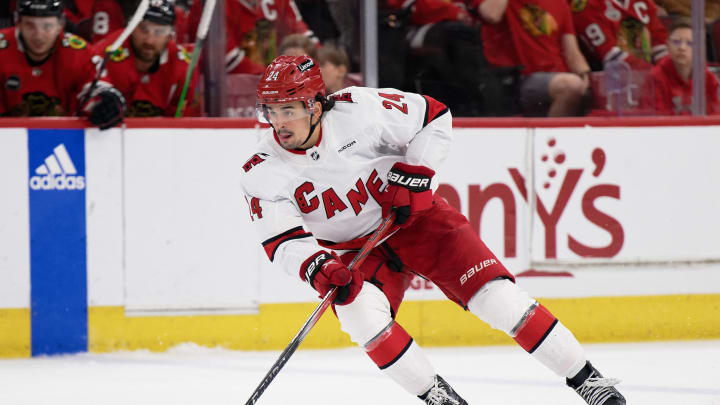 Apr 14, 2024; Chicago, Illinois, USA;  Carolina Hurricanes forward Seth Jarvis (24) skates against the Chicago Blackhawks at United Center. Mandatory Credit: Jamie Sabau-USA TODAY Sports