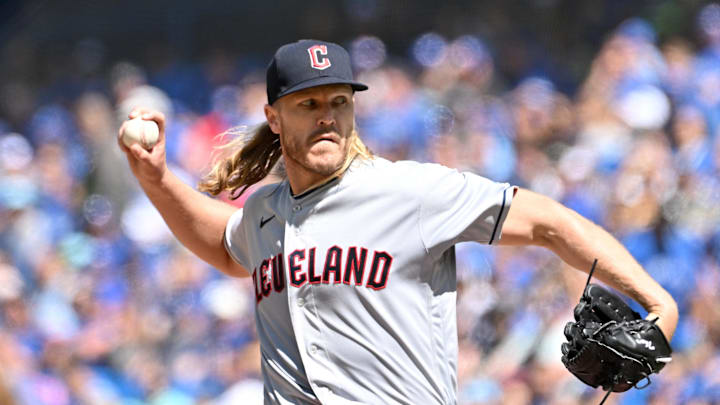 Aug 27, 2023; Toronto, Ontario, CAN;  Cleveland Guardians starting pitcher Noah Syndergaard (34) delivers a pitch against the Toronto Blue Jays in the first inning at Rogers Centre. Mandatory Credit: Dan Hamilton-Imagn Images