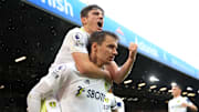 Leeds celebrate after taking the lead against Watford
