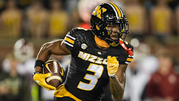 Nov 9, 2024; Columbia, Missouri, USA; Missouri Tigers wide receiver Luther Burden III (3) runs with the ball during the first half against the Oklahoma Sooners at Faurot Field at Memorial Stadium. Mandatory Credit: Jay Biggerstaff-Imagn Images