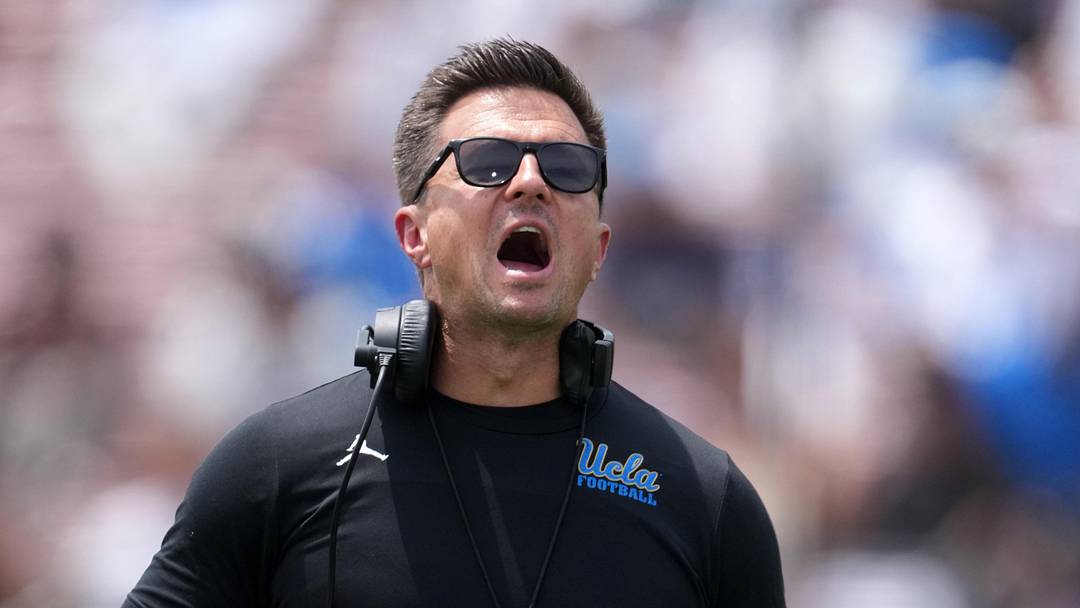 May 2, 2026; Pasadena, CA, USA; UCLA Bruins coach Bob Chesney reacts during the spring game at Rose Bowl. Mandatory Credit: Kirby Lee-Imagn Images