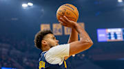 Oct 23, 2025; San Francisco, California, USA;  Denver Nuggets forward Cameron Johnson (23) puts up a shot against the Golden State Warriors during the first quarter at Chase Center. Mandatory Credit: Bob Kupbens-Imagn Images