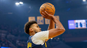 Oct 23, 2025; San Francisco, California, USA;  Denver Nuggets forward Cameron Johnson (23) puts up a shot against the Golden State Warriors during the first quarter at Chase Center. Mandatory Credit: Bob Kupbens-Imagn Images