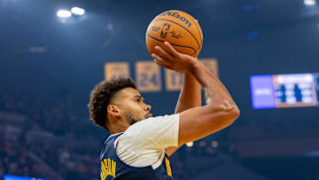 Oct 23, 2025; San Francisco, California, USA;  Denver Nuggets forward Cameron Johnson (23) puts up a shot against the Golden State Warriors during the first quarter at Chase Center. Mandatory Credit: Bob Kupbens-Imagn Images