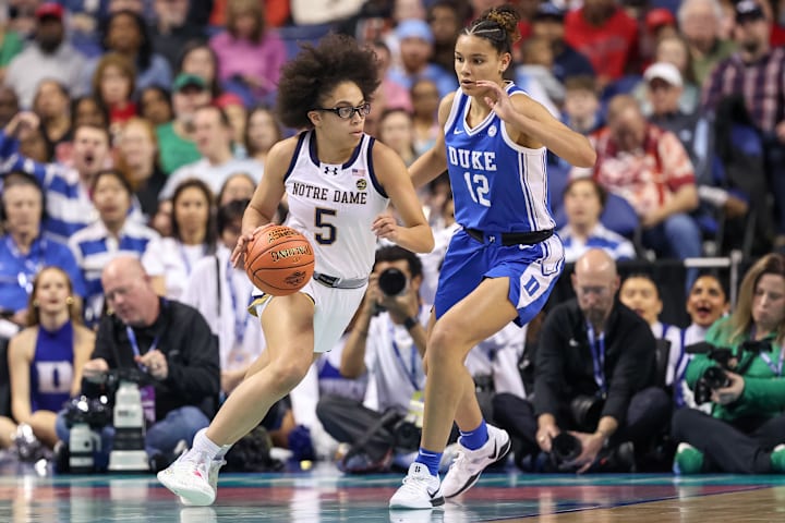Notre Dame Fighting Irish guard Olivia Miles dribbles around Duke Blue Devils forward Delaney Thomas.