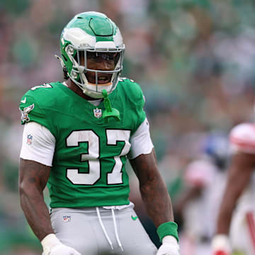 Oct 26, 2025; Philadelphia, Pennsylvania, USA; Philadelphia Eagles running back Tank Bigsby (37) reacts during the fourth quarter against the New York Giants at Lincoln Financial Field.